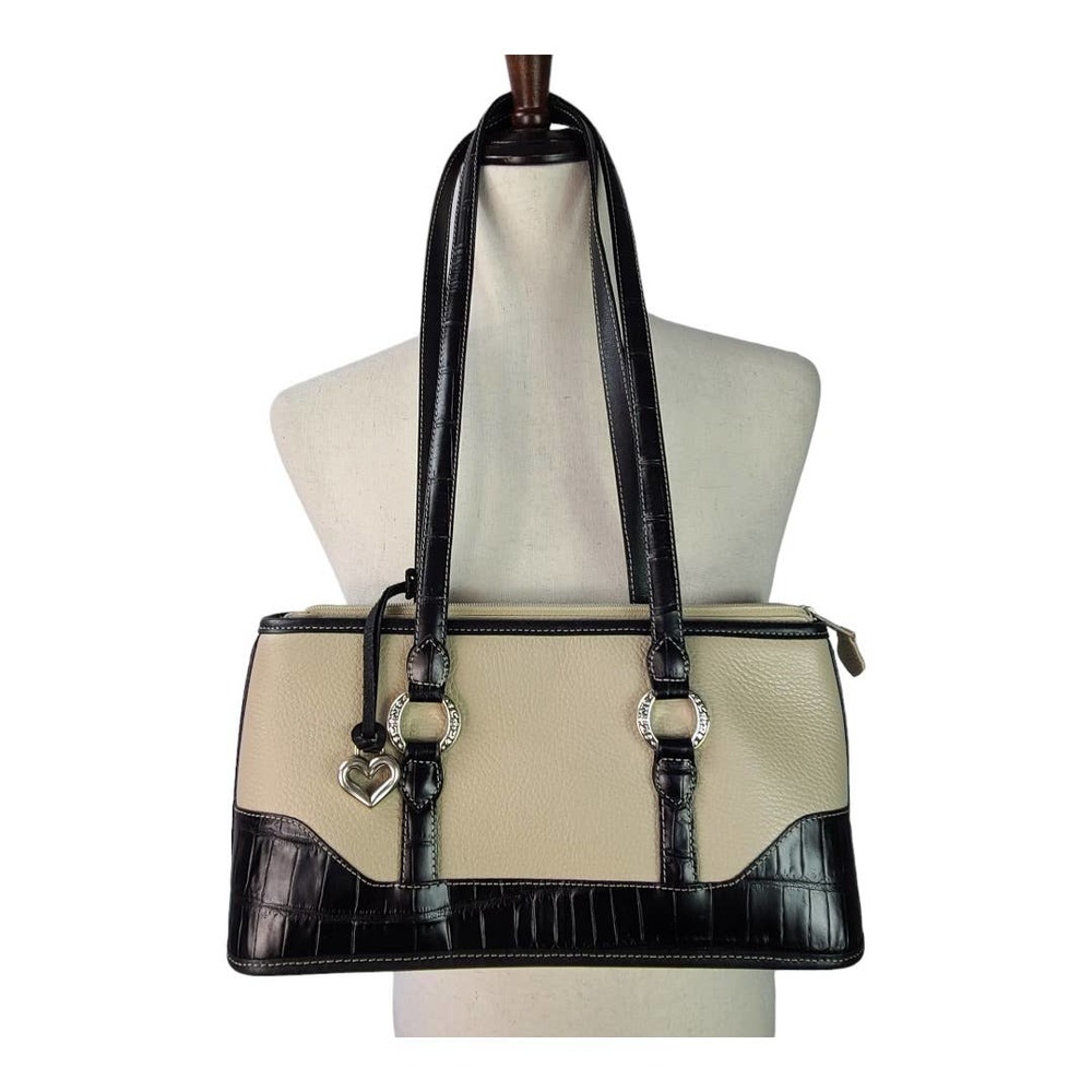 Brighton Cream Tan Black Pebble Leather Croc Embossed Shoulder Bag Purse